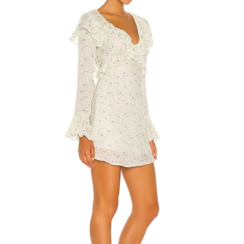 Free People Sweetest Thing Floral Ruffle Mini Dress Ivory Blue Size 8 Boho Sheer